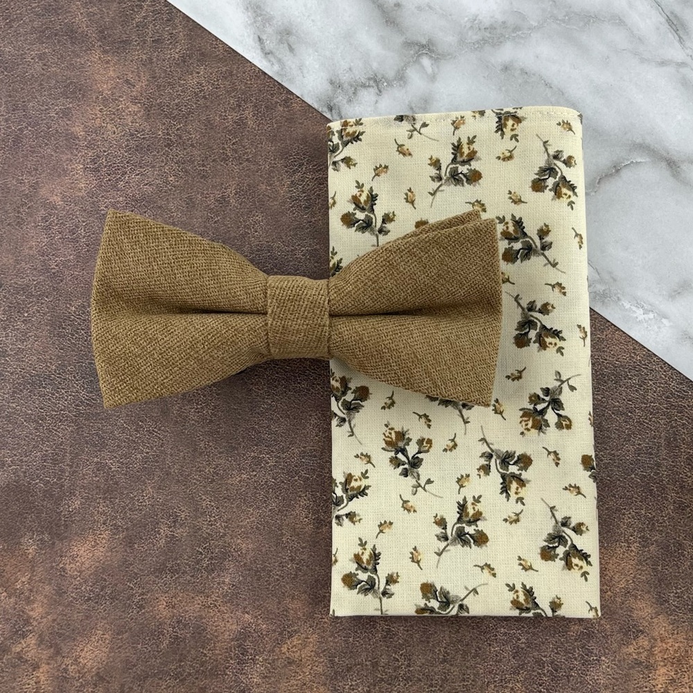 Men’s Bronze Tan Velour Bow Tie & Cream Floral Pocket Square